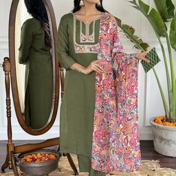 Divyadham Textiles Embroidered Zari Notch Neck Straight Kurta With Trousers & Dupatta-picture-22