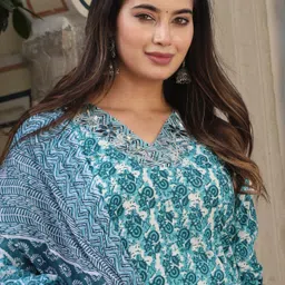 SINGNI Ethnic Motifs Printed Pure Cotton Straight Kurta with Trousers & Dupatta-picture-57