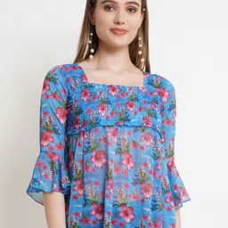 Popwings Women Floral Print Bell Sleeve Chiffon Peplum Regular Top-image-61