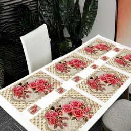 REVEXO 6Pc Beige & Pink Printed Rectangle Costers & Table Placemats-18