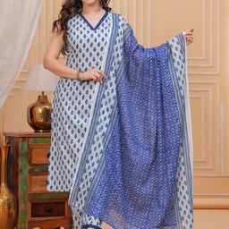 Moda Rapido Floral Printed V Neck Pure Cotton Kurta With Trousers & Dupatta-23