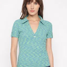 GUESS Women Abstract Printed Polo Collar Cotton Slim Fit T-shirt-image-2