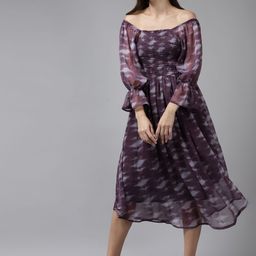 BAESD Tie and Dye Dyed Off-Shoulder Bell Sleeve Fit & Flare Midi Dress-image-47