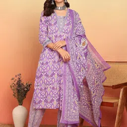 Vbuyz Women Floral Printed Cotton Kurta with Trousers & Dupatta-21