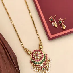 ABDESIGNS Sophisticated Gold- Plated Polki Kempstone Studded Temple Necklace Set-54