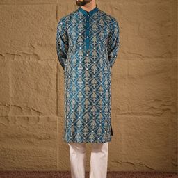 House of Pataudi Floral Printed Mandarin Collar Silk Straight Kurta-50