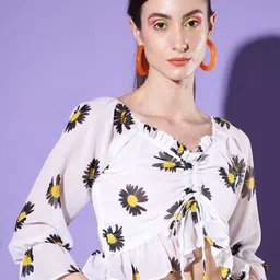 QIOA Floral Printed Puff Sleeve Georgette Crop Top-picture-39