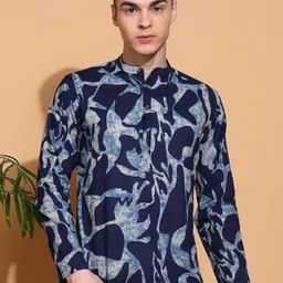 FUBAR Geometric Printed Band Collar Cotton Kurta-image-70