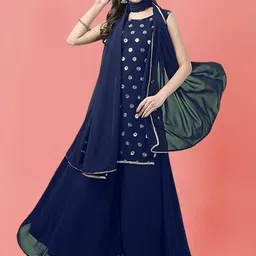 PARROT CREATION Geometric Embroidered Sequinned Georgette Kurti with Sharara And Dupatta-12