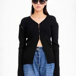 QUA Women Ribbed Woollen Longline Cardigan-4