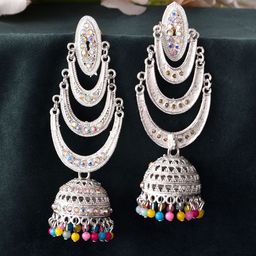 VOJ Silver-Plated Artificial Stones Studded and Beaded Dome Shaped Oxidised Jhumkas-18