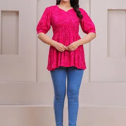 Meeranshi Women Abstract Printed Sweetheart Neck Puff Sleeve Peplum Top-image-9