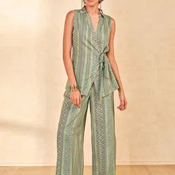 Global Desi Printed Shirt Collar Top With Trousers-image-47
