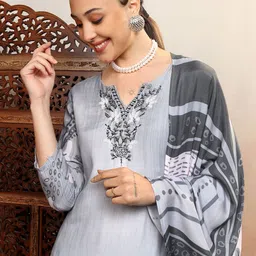 Vishudh Grey Yoke Design Notch Neck Thread Work Straight Kurta With Trousers & Dupatta-image-56