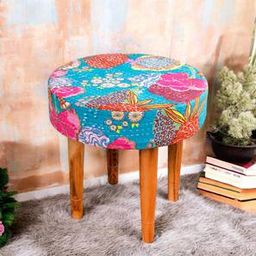 ikiriya Nayla Solid Wood Stool in Textured Cyan Blue Jackard fabric-picture-16