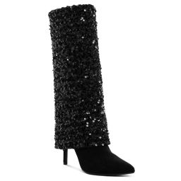 London Rag Sequinned Fold-Over Calf Black Casual Boots-picture-6