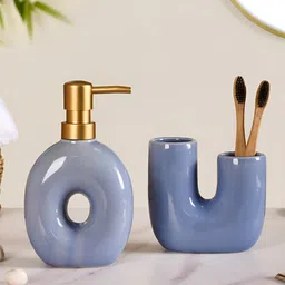 Nestasia Blue & Gold-Toned 2 Pieces Textured Ceramic Contemporary Glossy Soap Dispenser-26