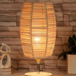 Devansh Dholak Beige & White Textured Bamboo Table Lamp With Wood Base image 2
