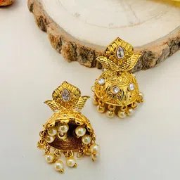 ABDESIGNS Gold-Plated Kundan Studded & Beaded Antique Dome Shaped Jhumkas image 3