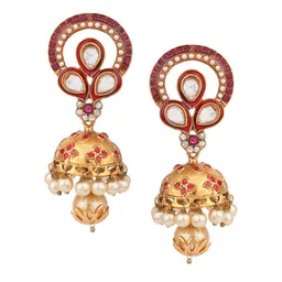 ANIKAS CREATION Red & Gold-Plated Dome Shaped Jhumkas Earrings image 2