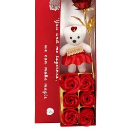 TIED RIBBONS Red Artificial Rose Flower with Mini Teddy Box Combo image 2