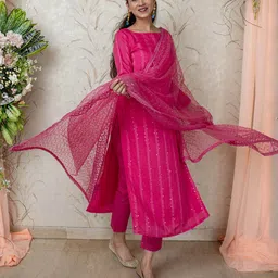 Label Shaurya Sanadhya Striped Self Design Sequined Kurta with Pyjamas & Dupatta image 3