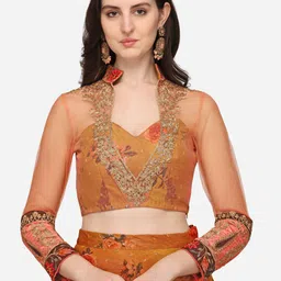 SAPTRANGI Mustard & Peach-Coloured Embroidered Ready to Wear Lehenga & Blouse With Dupatta image 3