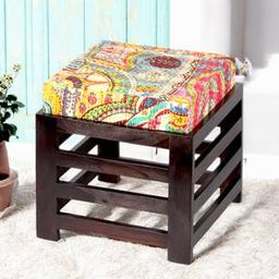 ikiriya Houston Sheesham Wood Stool in Mahogany Finish & Turquoise Sea Velvet Cushion-picture-31