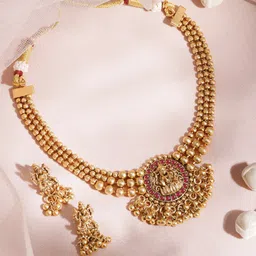 Rubans 22KT Gold Plated Brass Red Stone Studded Lakshmi Motif Temple Necklace Set image 5