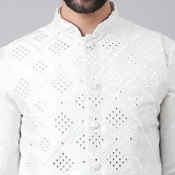 Hangup Men White Pure Silk Kurta & Churidar With Mirror Work Nehru jacket Set image 2