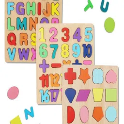 CHOCOZONE Kids Set of 3 Brown Wooden Learning Board Alphabets, Numbers & Shapes Puzzle Toys image 5