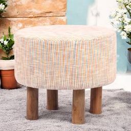 ikiriya Collio Solid Wood Ottoman Pouffee in Stripe Orange Jackard fabric-picture-37