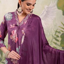 Vishudh Burgundy Floral Printed Beads & Stones Straight Kurta With Trousers & Dupatta-picture-41