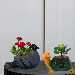 Garden Deco 2-Pcs Green & Black Printed Tortoise & Pigeon Ceramic Planters-24