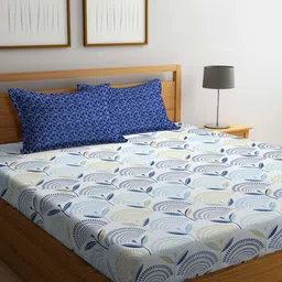 Arrabi Blue & White Leaf Printed 300 TC Fitted King Bedsheet With 2 Pillow Covers-image-13