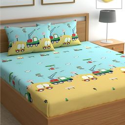 UrbanArts Sea Green & Beige Conversational 300 TC King Bedsheet with 2 Pillow Covers-image-86