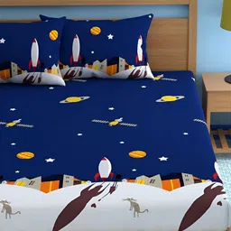 UrbanArts Navy Blue & White Conversational 300 TC King Bedsheet with 2 Pillow Covers-image-64