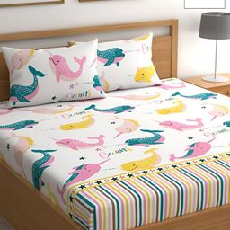 UrbanArts White & Pink Conversational 300 TC King Bedsheet with 2 Pillow Covers-image-10