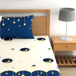 UrbanArts Blue & Cream-Coloured Conversational 300 TC King Bedsheet with 2 Pillow Covers-image-71