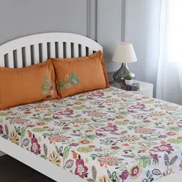 GM Floral Flat 150 TC Cotton 1 Super Queen Bedsheet with 2 Pillow Covers-image-0