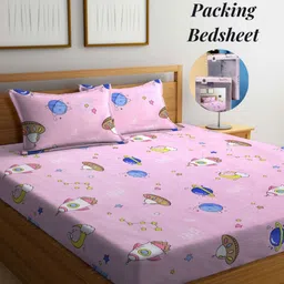Arrabi Pink & White Cartoon Characters 300 TC King Bedsheet with 2 Pillow Covers-image-25