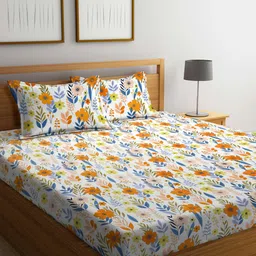 Arrabi Cream-Coloured & Yellow Floral 300 TC Flat King Bedsheet with 2 Pillow Covers-20