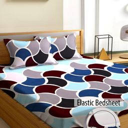 Aura Blue & White Geometric Microfiber Fitted 180 TC Queen Bedsheet with 2 Pillow Covers-image-54