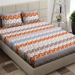 Arrabi Brown & White Geometric 300 TC King Bedsheet with 2 Pillow Covers-picture-28