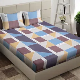 Arrabi White & Blue Geometric 300 TC King Bedsheet with 2 Pillow Covers-image-90