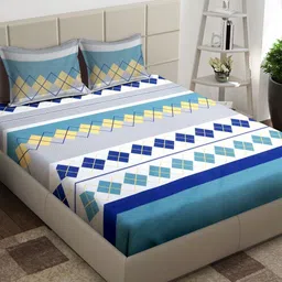 Arrabi White & Yellow Geometric 300 TC King Bedsheet with 2 Pillow Covers-image-10