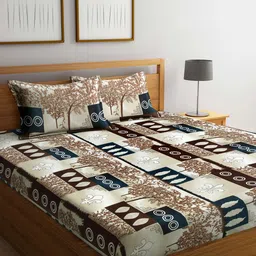 Arrabi Brown & White Floral 300 TC King Size Fitted Bedsheet with 2 Pillow Covers-image-81