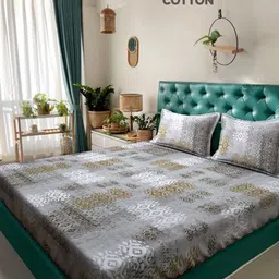 KLOTTHE Grey & Brown Printed 400TC Pure Cotton Double King Bedsheet & Pillow Covers-image-36
