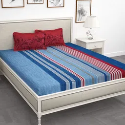 Story@home Blue & Red Striped 186 TC Cotton 1 Double Bedsheet with 2 Pillow Covers-image-53