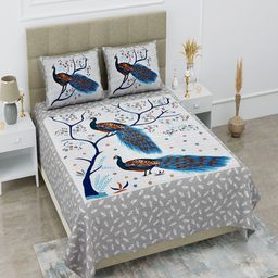 UNIQCHOICE Blue Ethnic Motifs Pure Cotton 120 TC Queen Bedsheet With 2 Pillow Covers-image-97